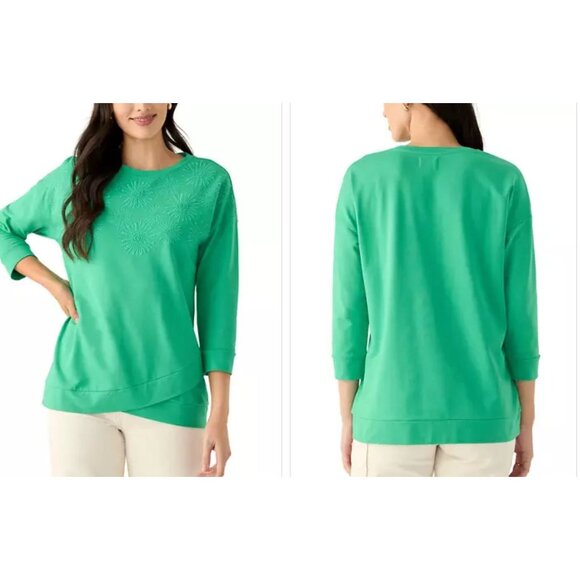 NWT Women's Kelly Green 3/4 Sleeve Knit Terry Top with Embroidery Size Medium - Picture 1 of 3